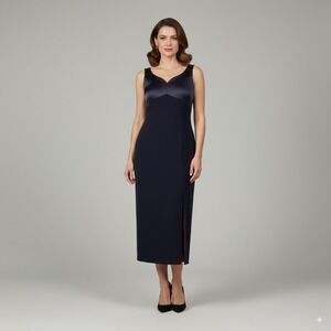 Tahari Navy Blue V-Neck Sleeveless Midi Dress Sz 10 Side Slit‎ Cocktail Evening